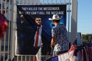 A makeshift memorial for Charlie Kirk has formed outside the headquarters of Turning Point USA ahead of the funeral and memorial service for the late conservative activist